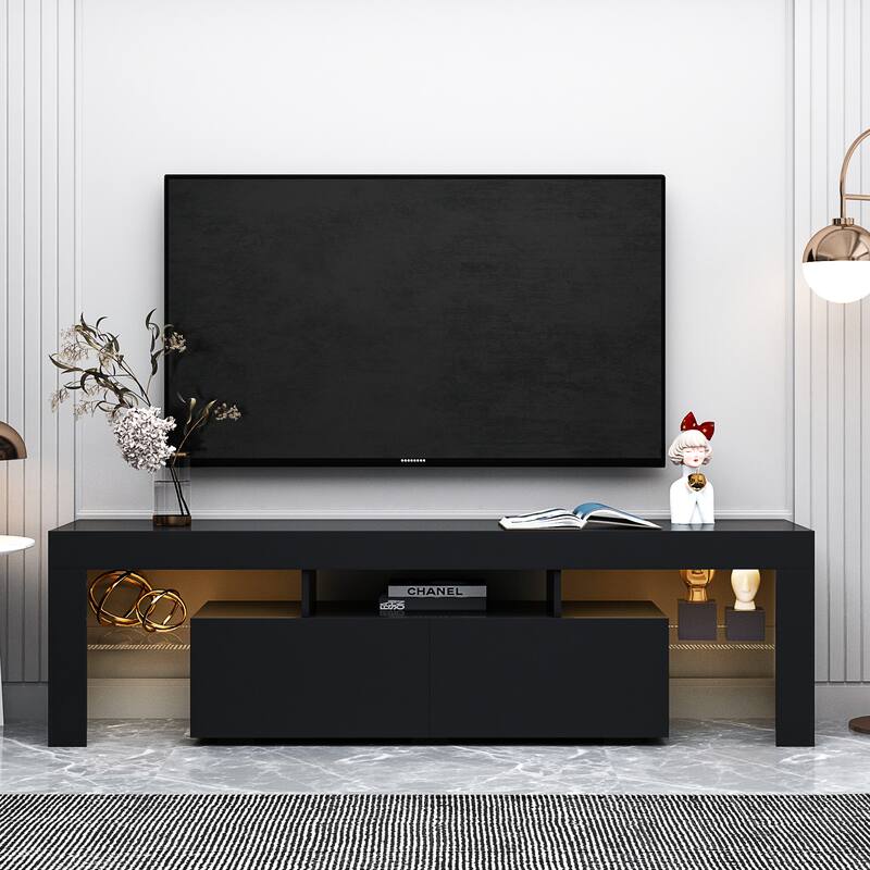 Black Modern TV Stand with 20 Colors LED Lights and Remote Control
